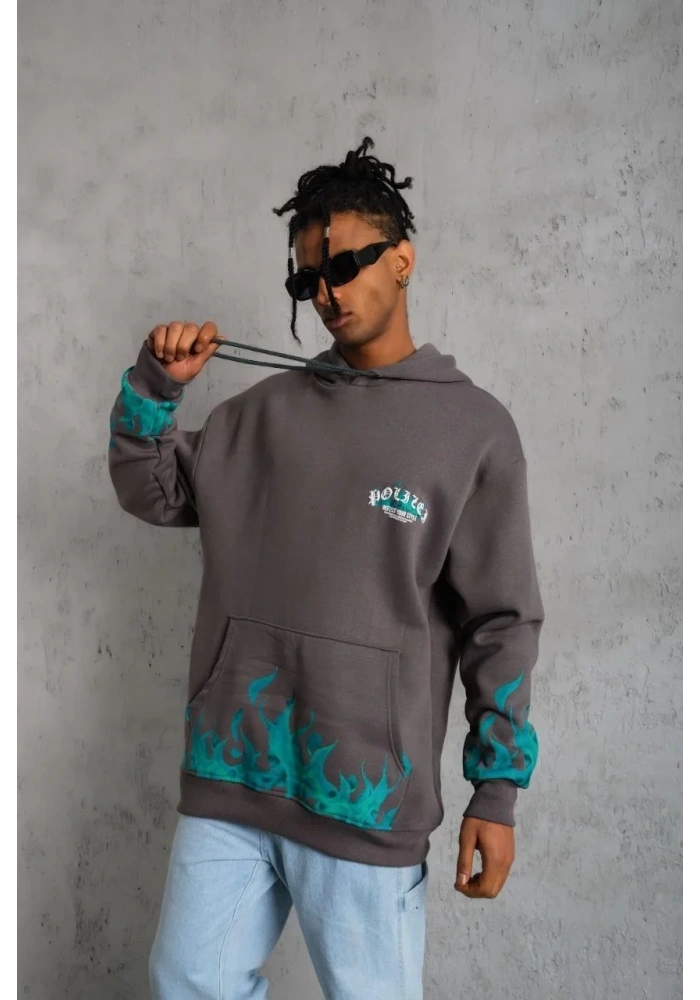 Erkek 3 iplik Pamuklu Alev Baskılı Kapüşonlu hoodie Sweatshirt - Gri