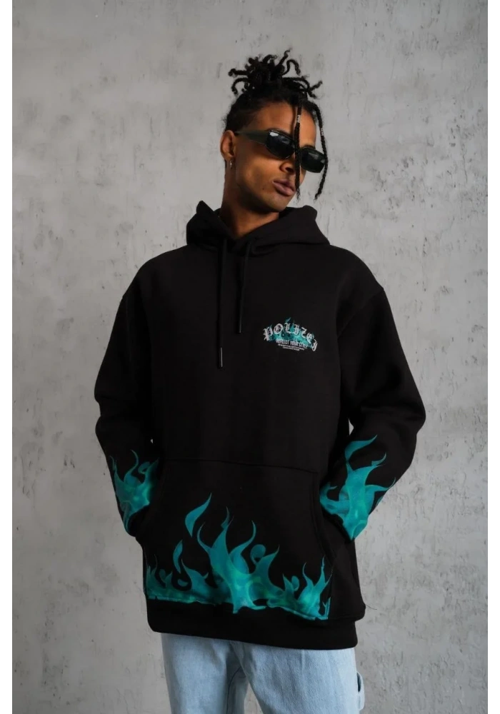 Erkek 3 İplik Pamuklu Alev Baskılı Kapüşonlu hoodie Sweatshirt - Siyah