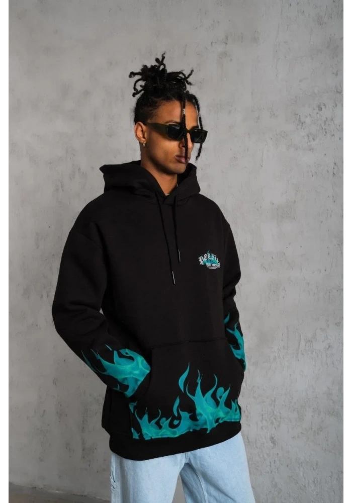 Erkek 3 İplik Pamuklu Alev Baskılı Kapüşonlu hoodie Sweatshirt - Siyah