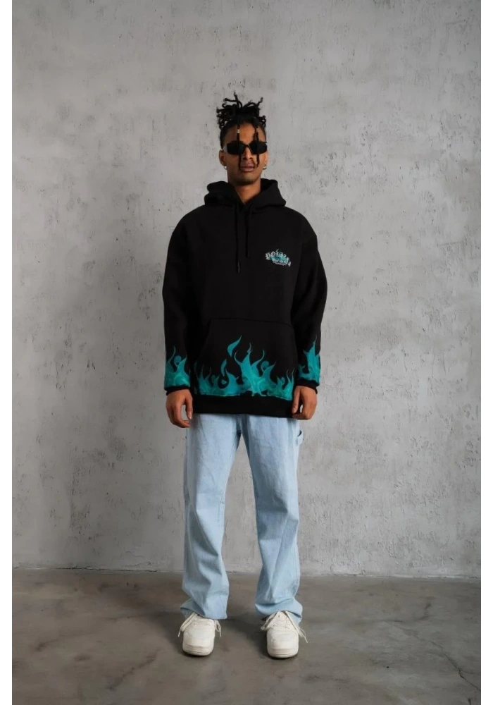 Erkek Üç İplik İçi Pamuklu Alev Baskılı Kapüşonlu Sweatshirt - Siyah
