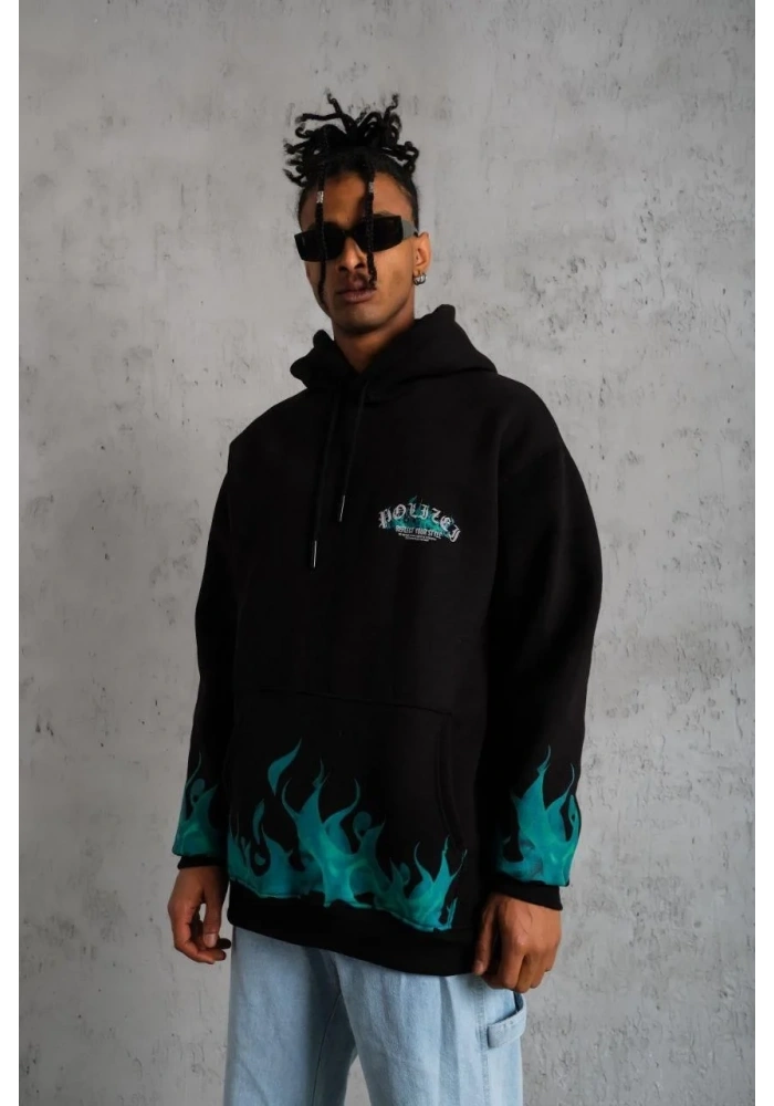 Erkek 3 İplik Pamuklu Alev Baskılı Kapüşonlu hoodie Sweatshirt - Siyah