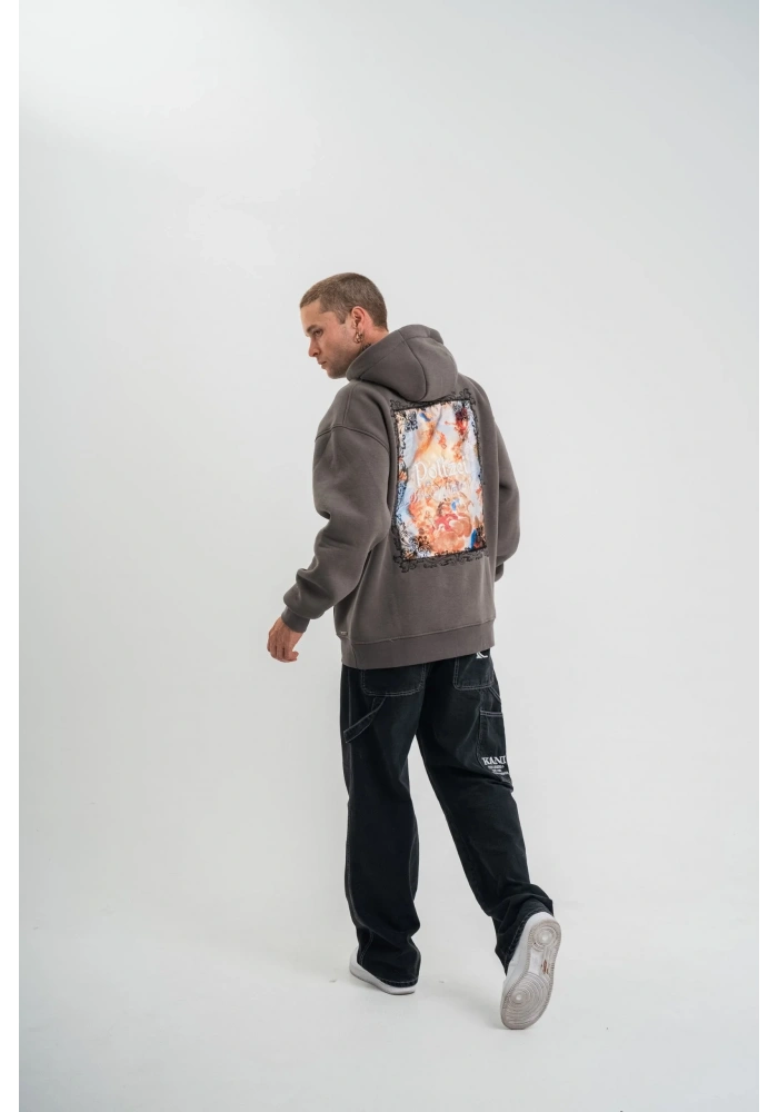 Erkek 3 İplik Kapüşonlu Hoodie Dijital Patchli SweatShirt - Füme