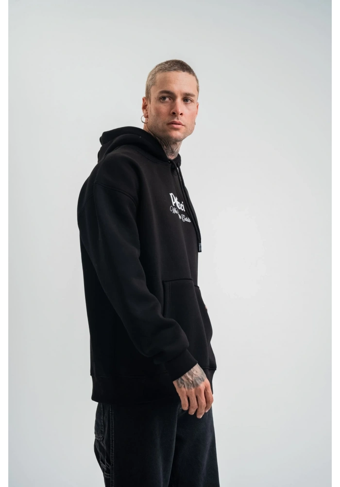 Erkek 3 İplik Pamuklu Kapüşonlu Baskılı Cepli Oversize Sweatshirt Hoodie - Siyah