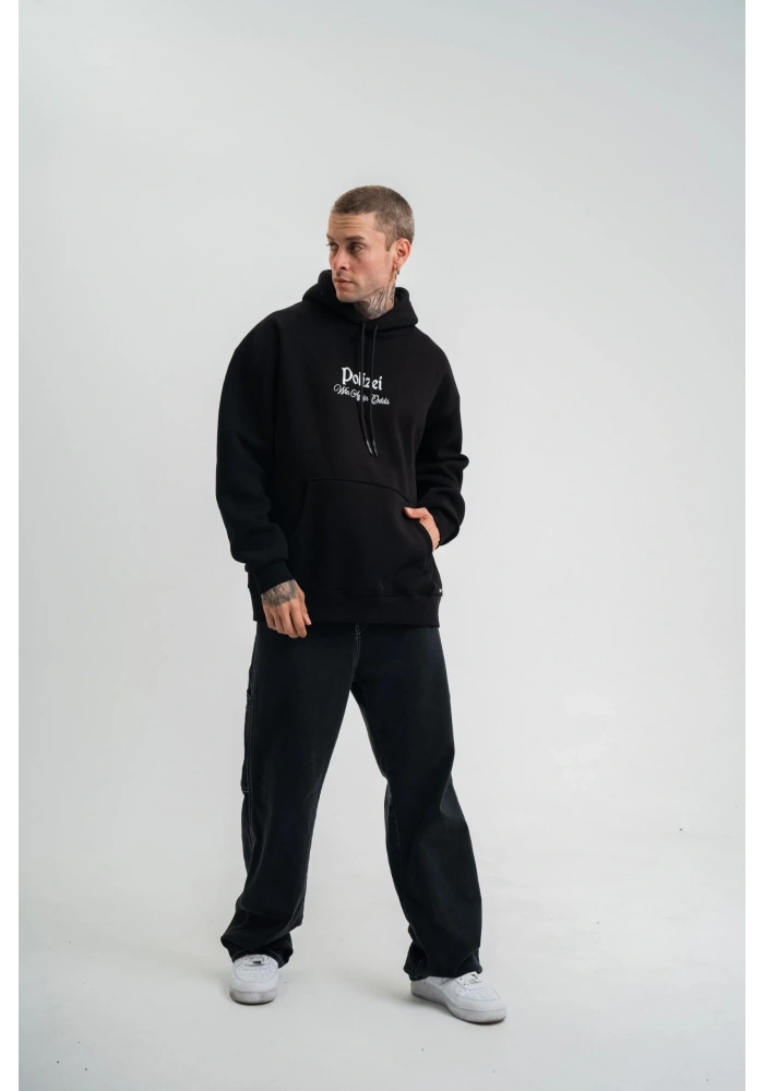 Erkek 3 İplik Pamuklu Kapüşonlu Baskılı Cepli Oversize Sweatshirt Hoodie - Siyah