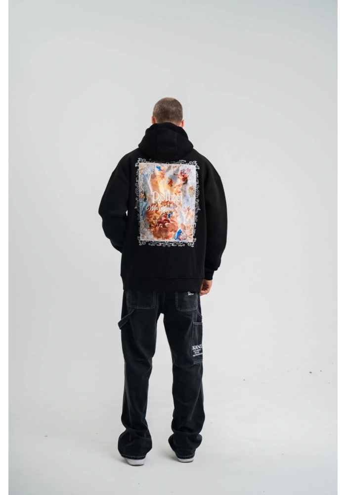 Erkek 3 İplik Pamuklu Kapüşonlu Baskılı Cepli Oversize Sweatshirt Hoodie - Siyah