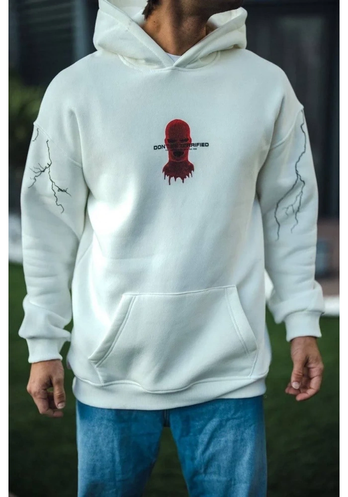 Erkek Kapüşonlu Kanguru Cepli Sweatshirt 3 İplik Pamuklu Baskılı Hoodie -  Beyaz