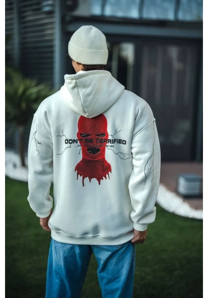 Erkek Kapüşonlu Kanguru Cepli Sweatshirt 3 İplik Pamuklu Baskılı Hoodie -  Beyaz