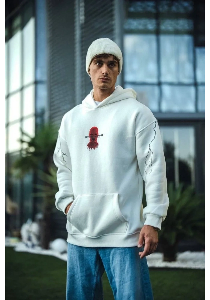 Erkek Kapüşonlu Kanguru Cepli Sweatshirt 3 İplik Pamuklu Baskılı Hoodie -  Beyaz