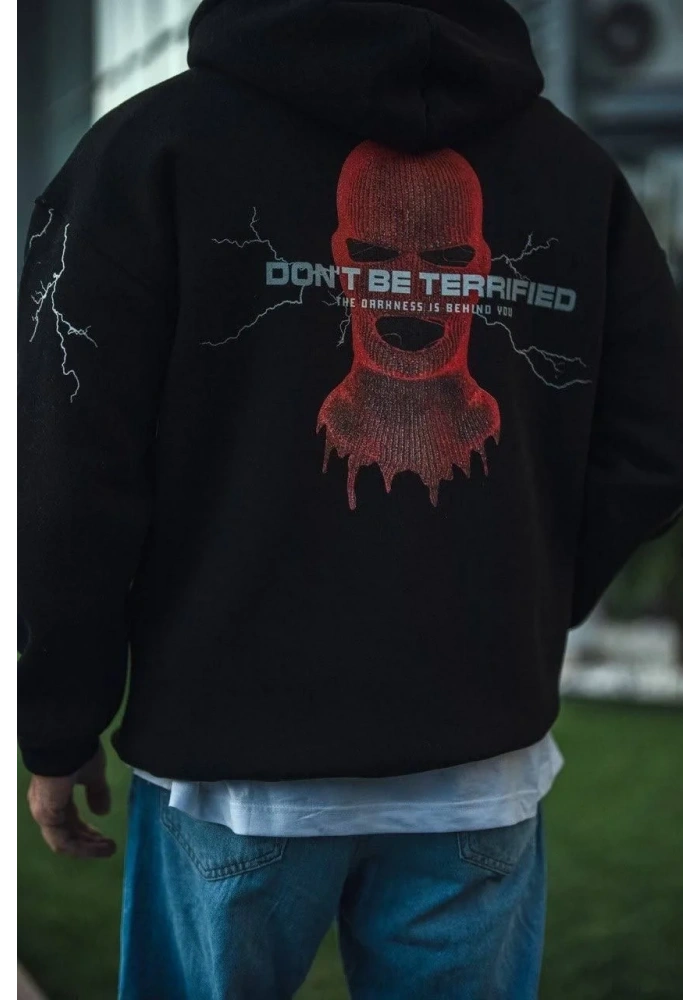 Erkek Kapüşonlu Kanguru Cepli Sweatshirt 3 İplik Pamuklu Baskılı Hoodie -  Siyah