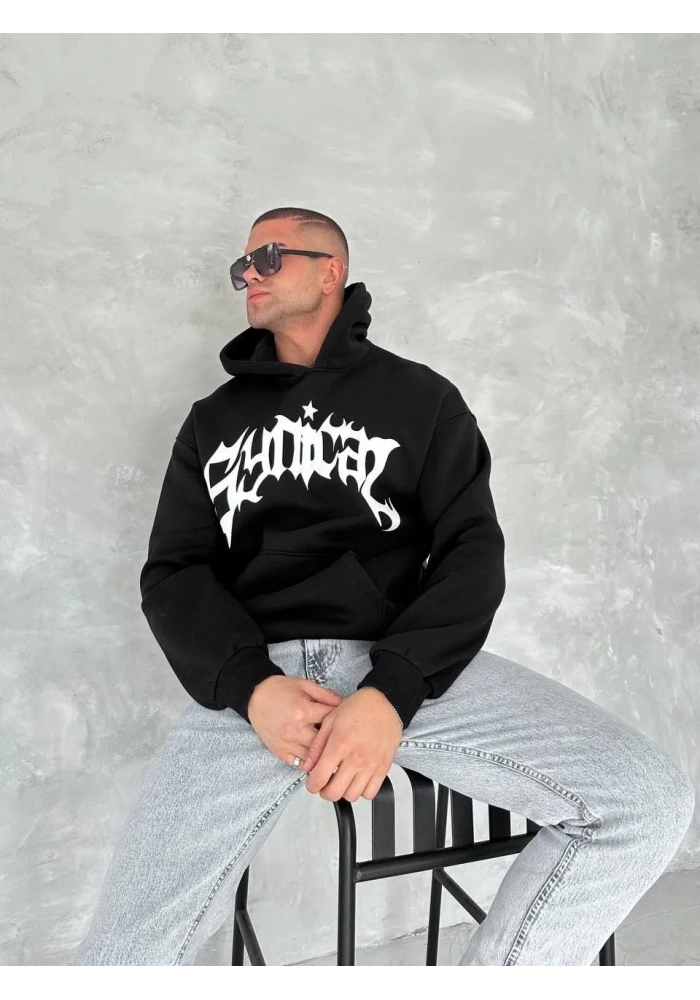 Erkek 3 İplik Pamuklu Kapüşonlu Baskılı Cepli Oversize Sweatshirt Hoodie - Siyah