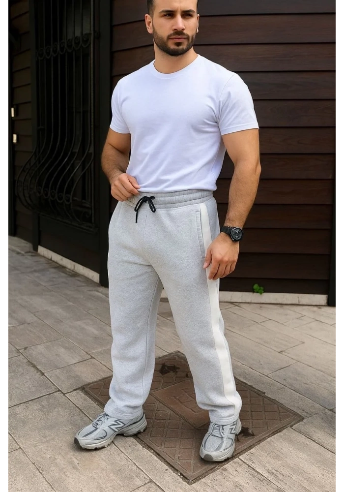 Erkek Üç İplik Kışlık Pamuklu Yandan Garneli Kalın Bej Şeritli Cepli Eşofman Altı - Gri