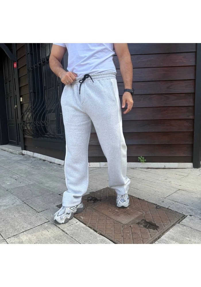 Erkek Üç İplik Kışlık Pamuklu Yandan Garneli Kalın Bej Şeritli Cepli Eşofman Altı - Gri