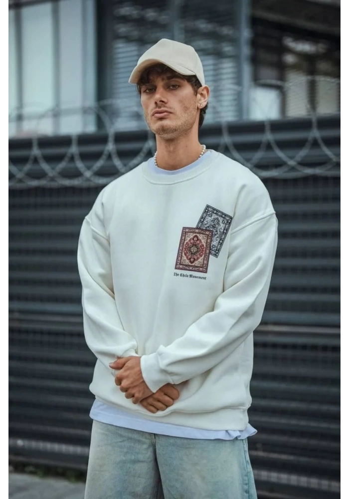 Erkek 3 iplik pamuklu Bisiklet Yaka Baskılı SweatShirt - Beyaz