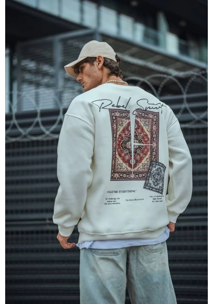 Erkek 3 iplik pamuklu Bisiklet Yaka Baskılı SweatShirt - Beyaz