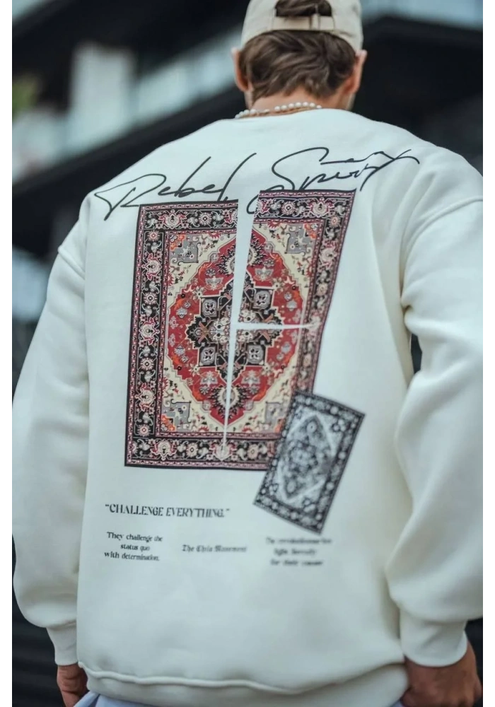 Erkek 3 iplik pamuklu Bisiklet Yaka Baskılı SweatShirt - Beyaz