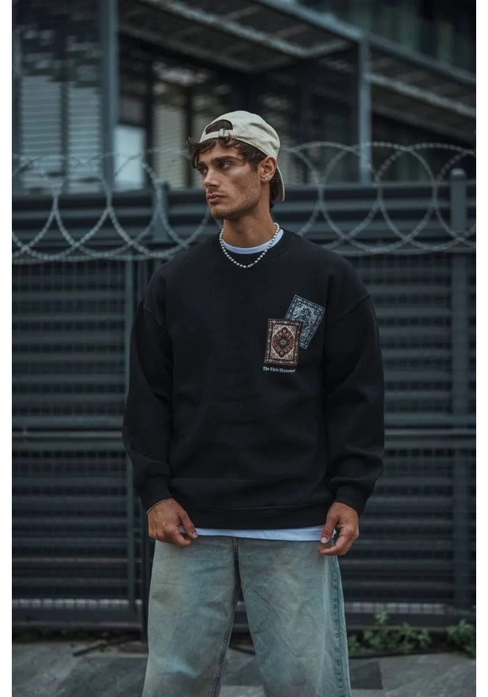 Erkek 3 iplik Pamuklu Bisiklet Yaka Baskılı SweatShirt - Siyah