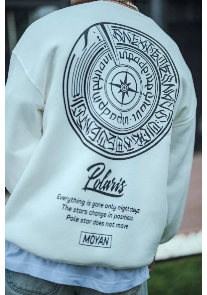 Erkek 3 iplik pamuklu Bisiklet Yaka Ön Ve Arka Baskılı SweatShirt - Beyaz