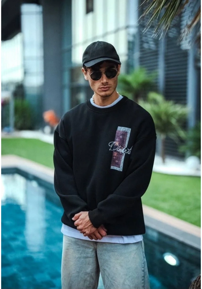 Erkek 3 iplik pamuklu Bisiklet Yaka Ön ve Arka Baskılı SweatShirt - Siyah