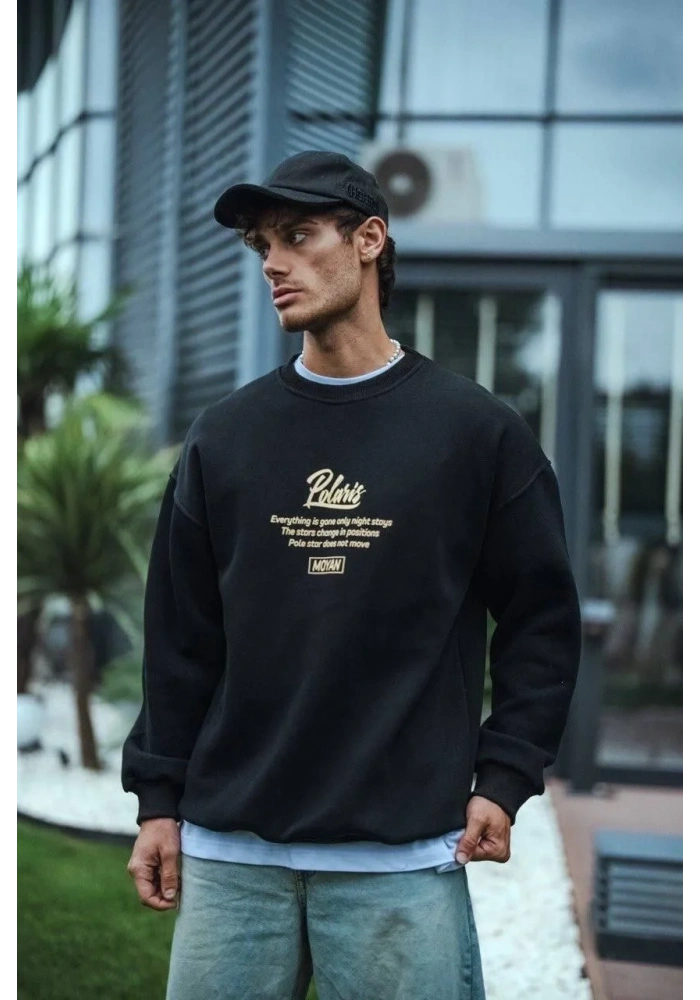 Erkek 3 iplik pamuklu Bisiklet Yaka Ön Ve Arka Baskılı SweatShirt - Siyah