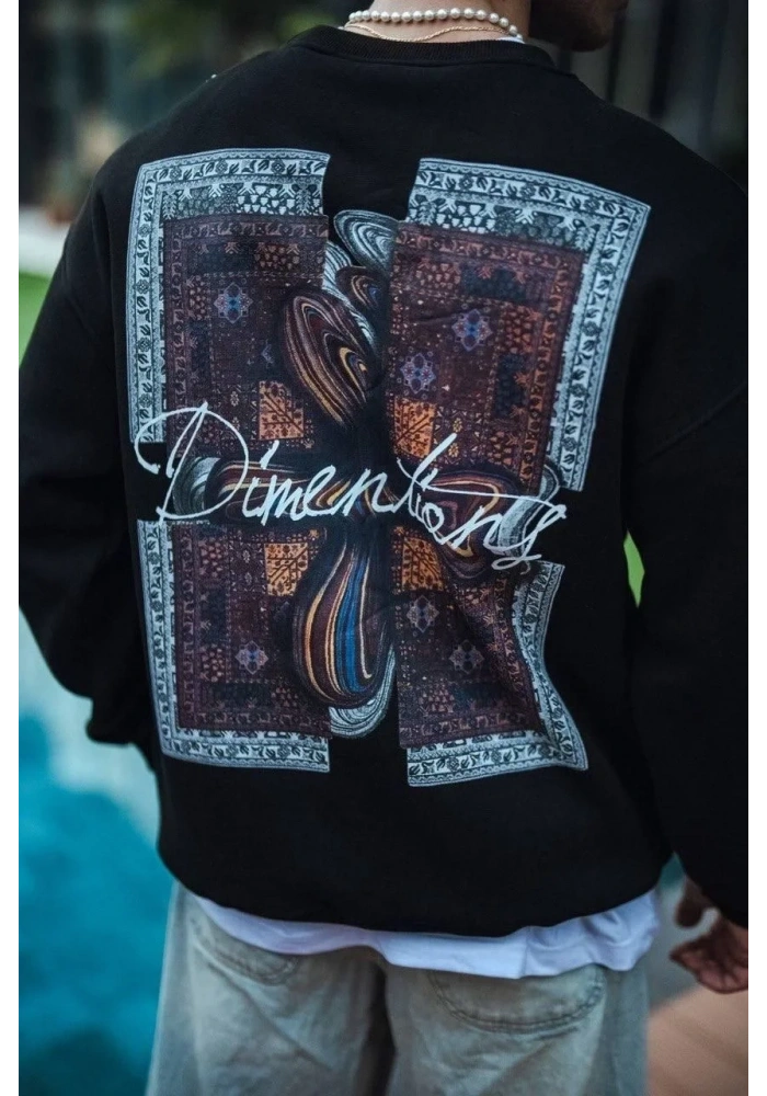 Erkek 3 iplik pamuklu Bisiklet Yaka Ön ve Arka Baskılı SweatShirt - Siyah