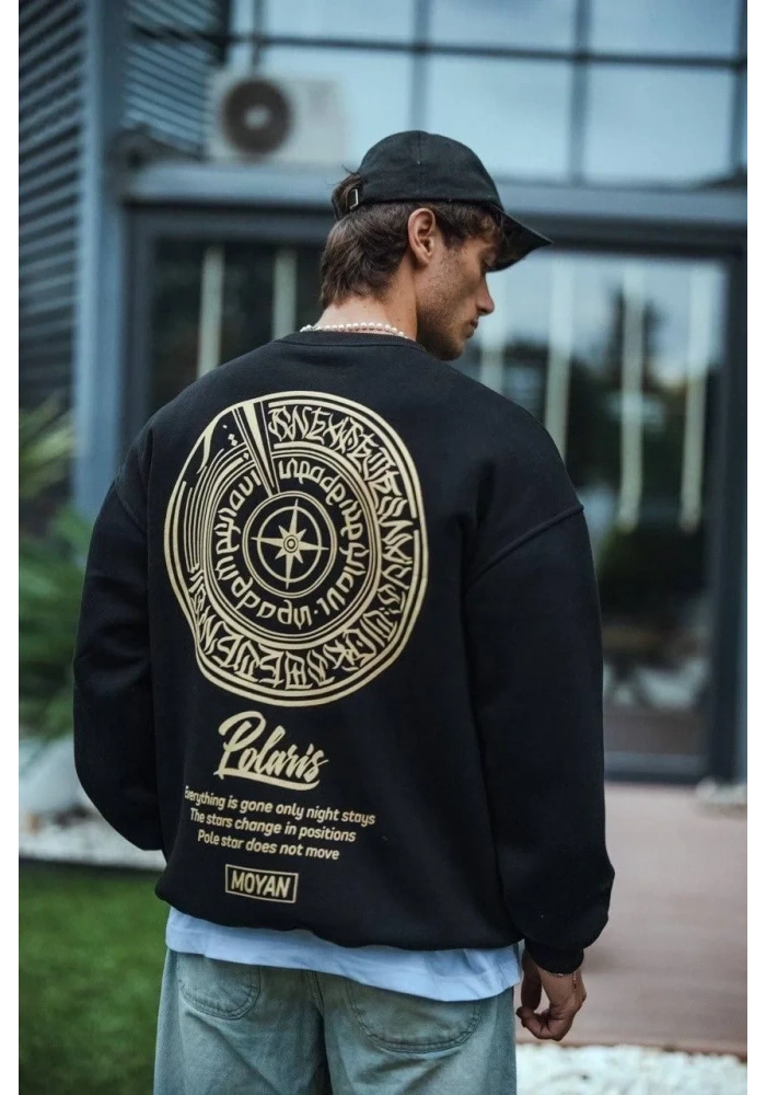 Erkek 3 iplik pamuklu Bisiklet Yaka Ön Ve Arka Baskılı SweatShirt - Siyah