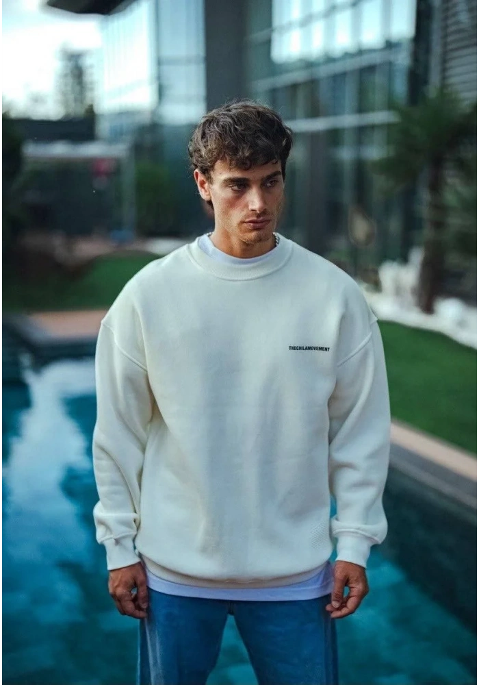 Erkek 3 iplik pamuklu Bisiklet Yaka Baskılı SweatShirt - Beyaz