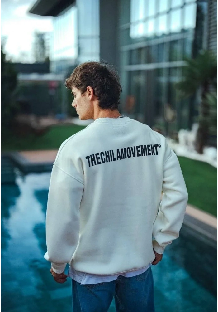 Erkek 3 iplik pamuklu Bisiklet Yaka Baskılı SweatShirt - Beyaz