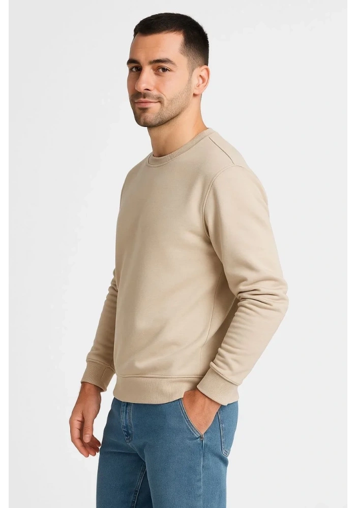 Erkek 3 İplik Pamuklu Düz Bisiklet Yaka SweatShirt - Bej