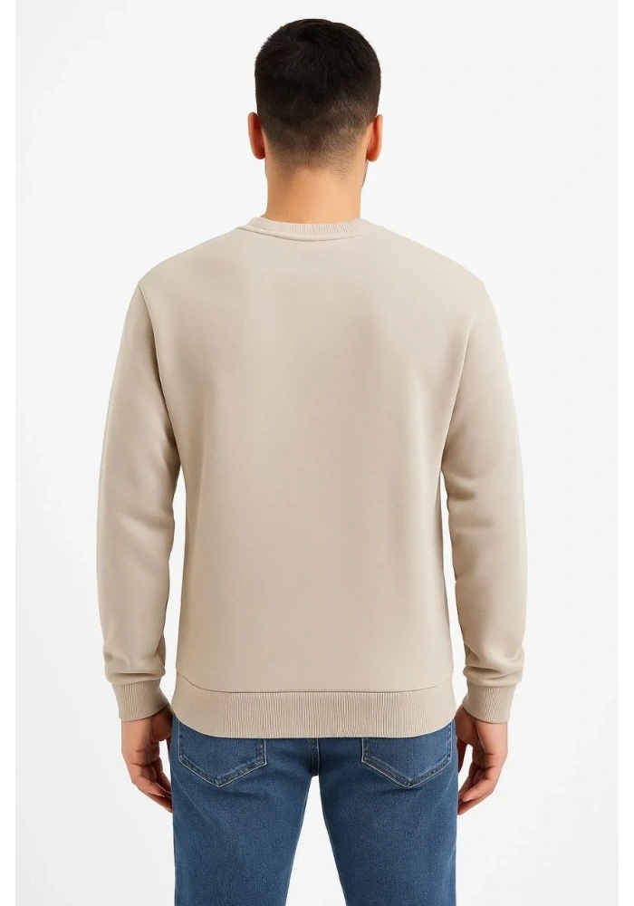 Erkek 3 İplik Pamuklu Düz Bisiklet Yaka SweatShirt - Bej