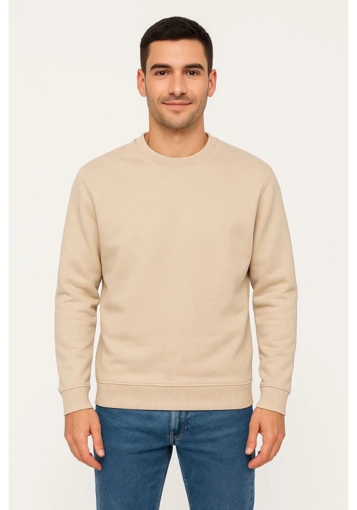 Erkek 3 İplik Pamuklu Düz Bisiklet Yaka SweatShirt - Bej