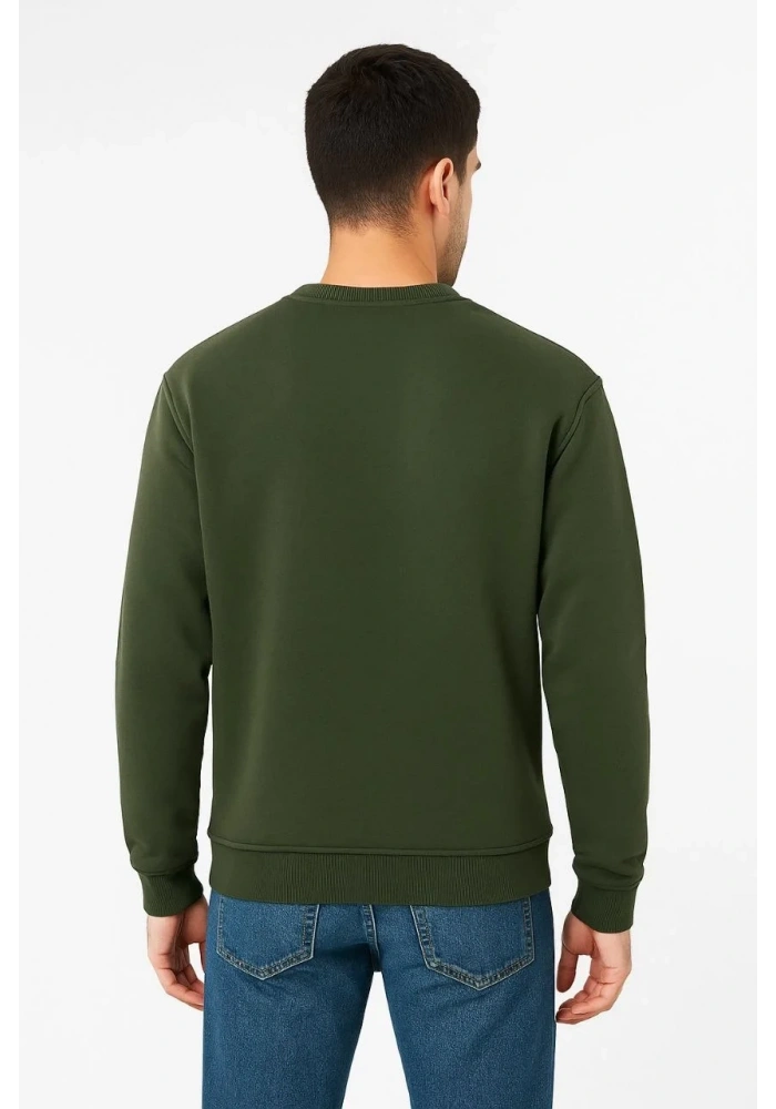 Erkek 3 İplik Pamuklu Düz Bisiklet Yaka SweatShirt - Haki