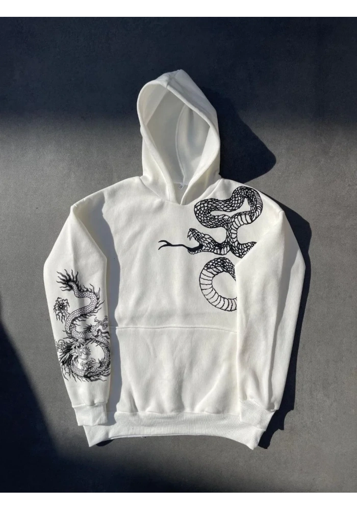 Erkek 3 İplik Pamuklu Kapüşonlu Baskılı Cepli Oversize Sweatshirt Hoodie - Beyaz