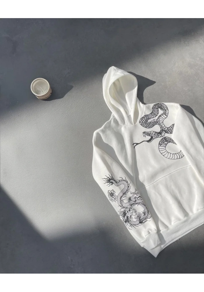 Erkek 3 İplik Pamuklu Kapüşonlu Baskılı Cepli Oversize Sweatshirt Hoodie - Beyaz