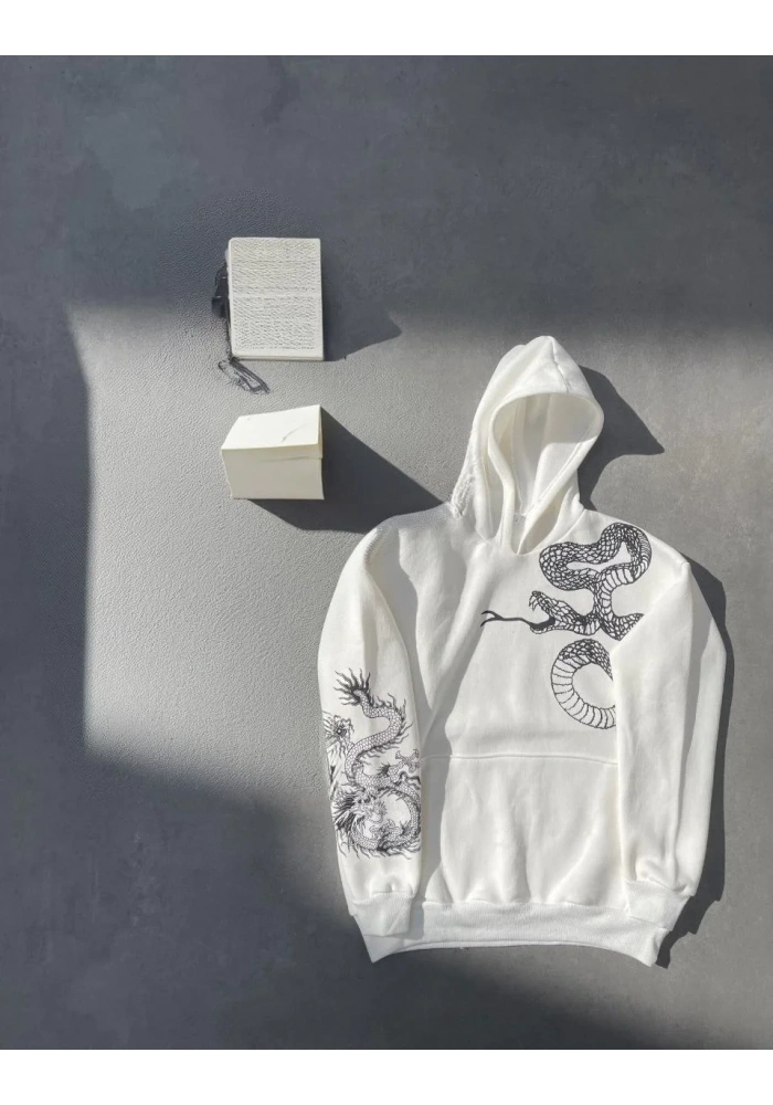 Erkek 3 İplik Pamuklu Kapüşonlu Baskılı Cepli Oversize Sweatshirt Hoodie - Beyaz