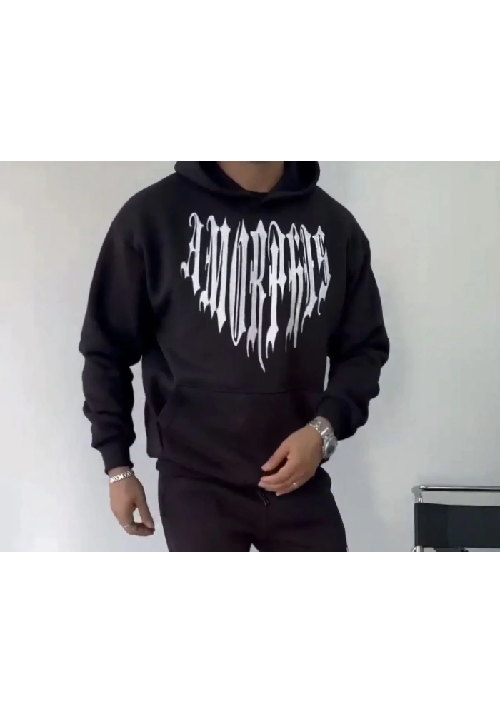 Erkek Kapüşonlu Kanguru Cepli Sweatshirt 3 İplik Pamuklu Baskılı Hoodie -  Siyah