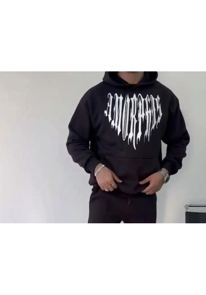 Erkek Kapüşonlu Kanguru Cepli Sweatshirt 3 İplik Pamuklu Baskılı Hoodie -  Siyah