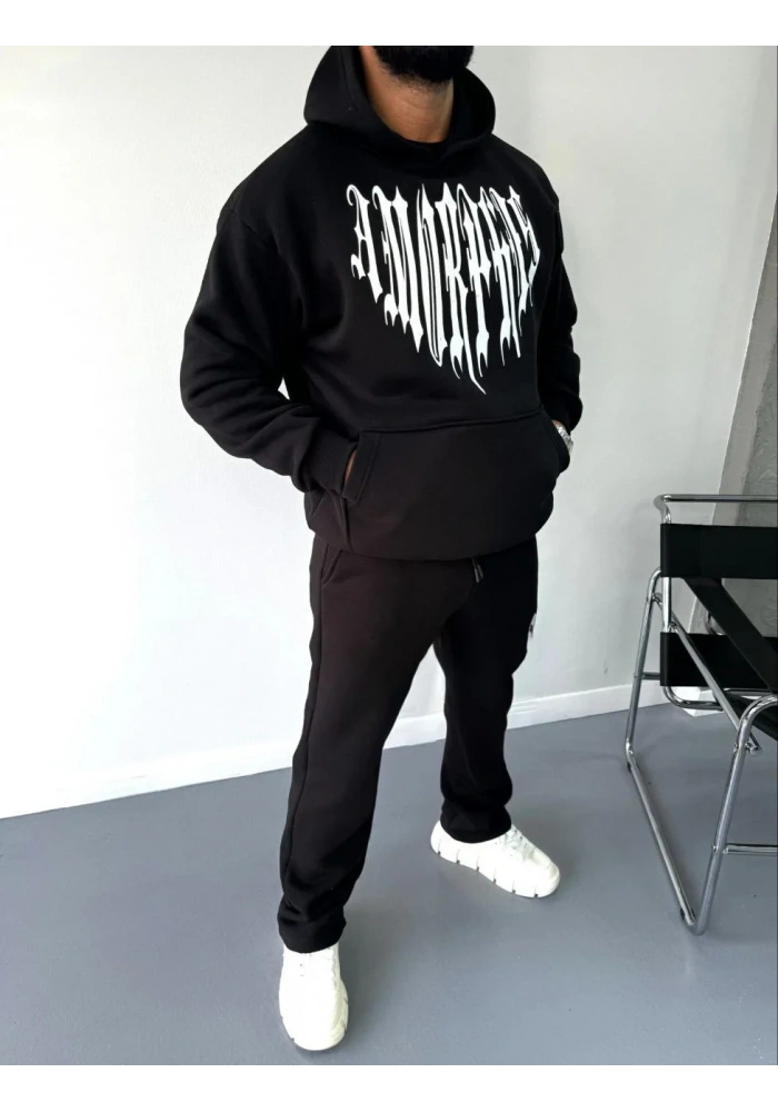 Erkek Kapüşonlu Kanguru Cepli Sweatshirt 3 İplik Pamuklu Baskılı Hoodie -  Siyah