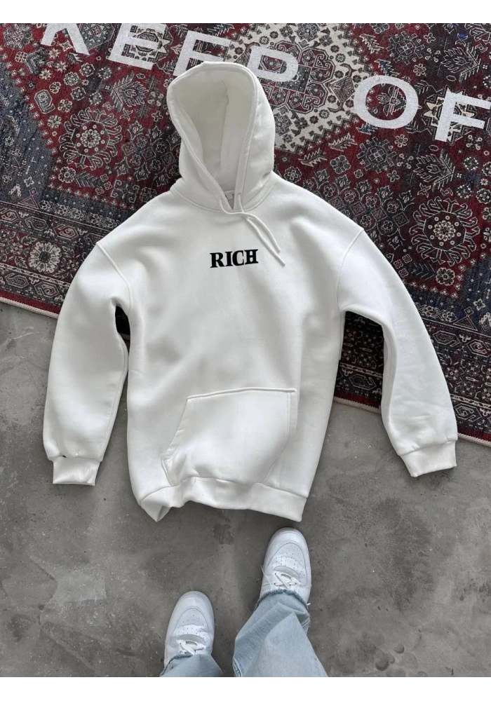 Erkek Kapüşonlu Kanguru Cepli Sweatshirt 3 İplik Pamuklu Baskılı Hoodie -  Beyaz