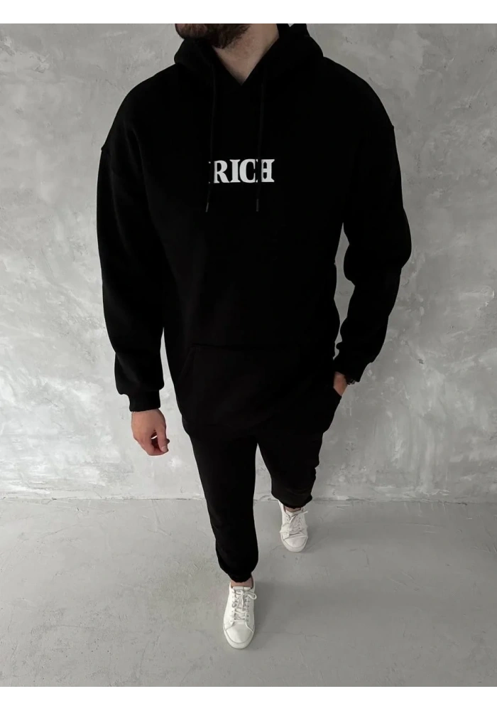 Erkek Kapüşonlu Kanguru Cepli Sweatshirt 3 İplik Pamuklu Baskılı Hoodie -  Siyah