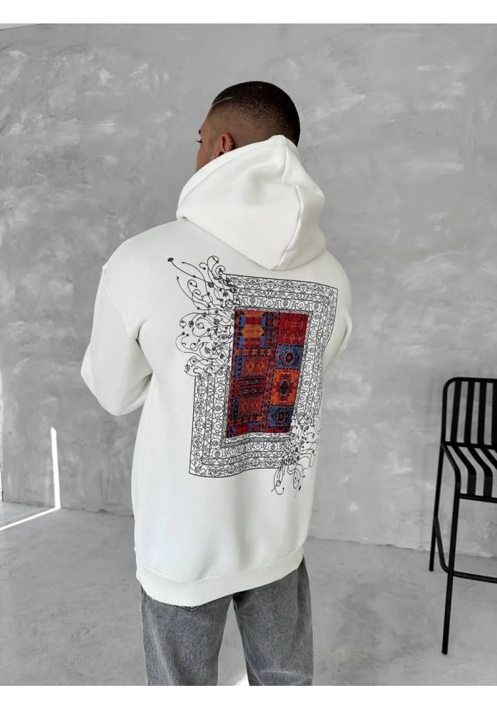 Erkek Kapüşonlu Kanguru Cepli Sweatshirt 3 İplik Pamuklu Baskılı Hoodie - Beyaz