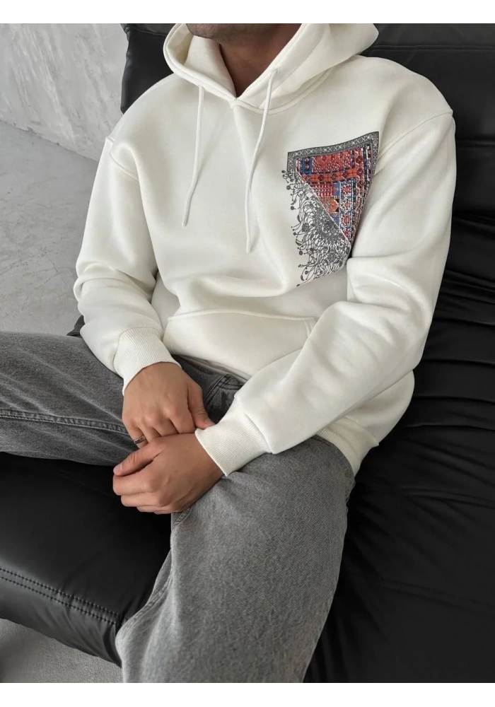 Erkek Kapüşonlu Kanguru Cepli Sweatshirt 3 İplik Pamuklu Baskılı Hoodie - Beyaz