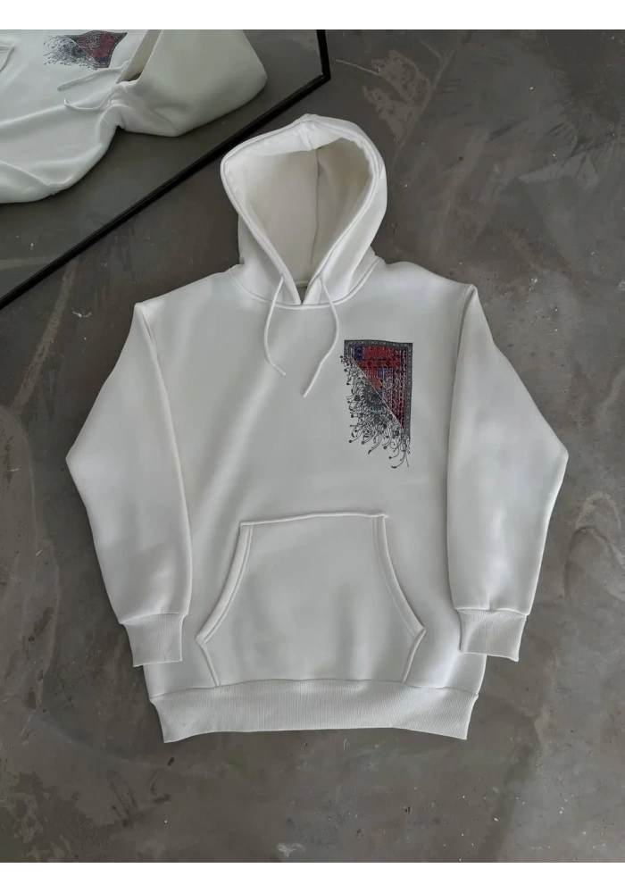 Erkek Kapüşonlu Kanguru Cepli Sweatshirt 3 İplik Pamuklu Baskılı Hoodie - Beyaz