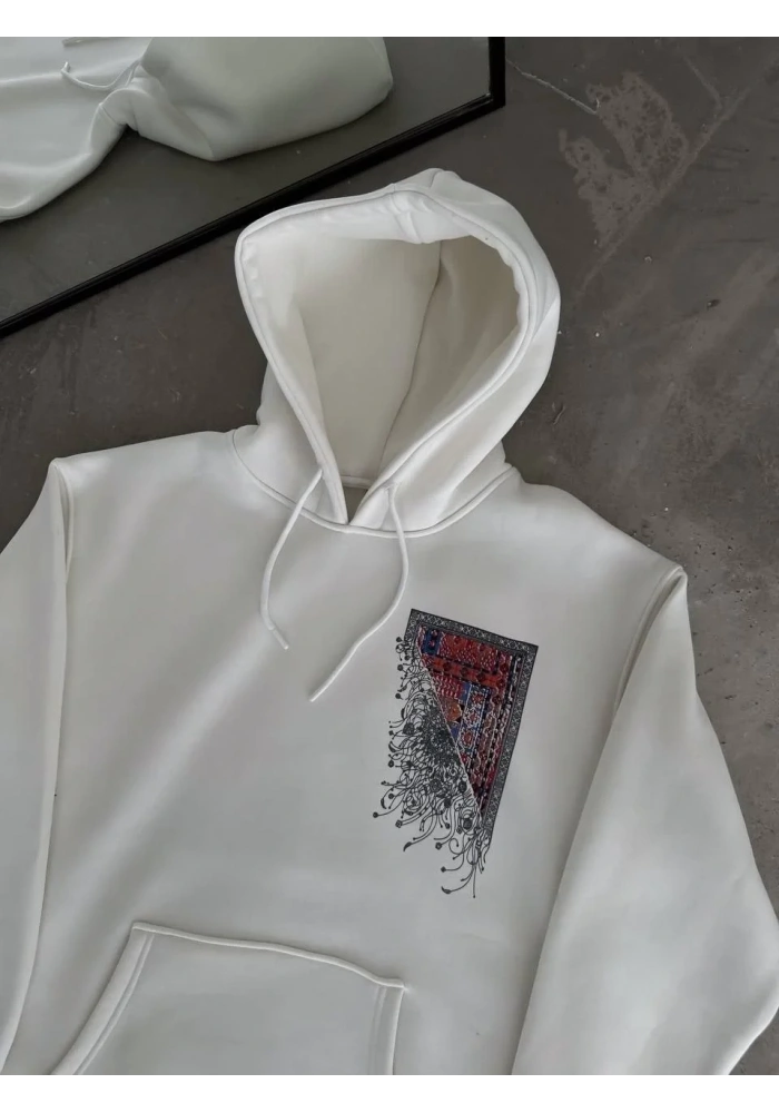 Erkek Kapüşonlu Kanguru Cepli Sweatshirt 3 İplik Pamuklu Baskılı Hoodie - Beyaz