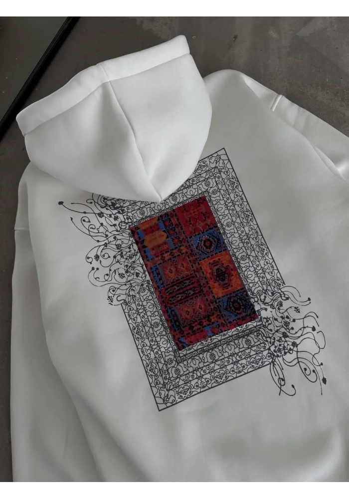 Erkek Kapüşonlu Kanguru Cepli Sweatshirt 3 İplik Pamuklu Baskılı Hoodie - Beyaz