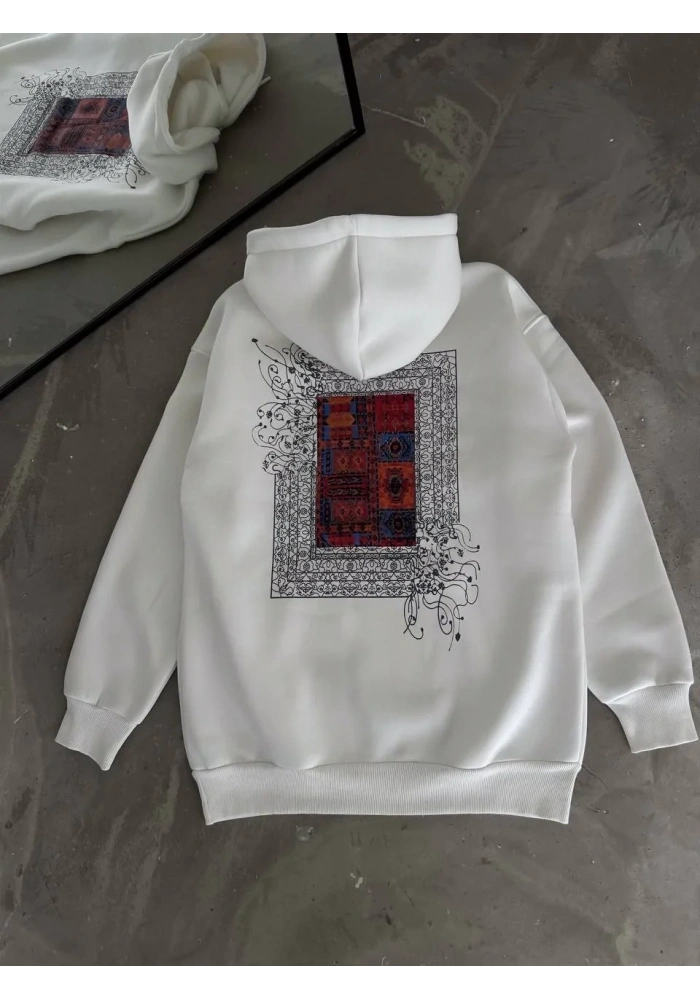 Erkek Kapüşonlu Kanguru Cepli Sweatshirt 3 İplik Pamuklu Baskılı Hoodie - Beyaz