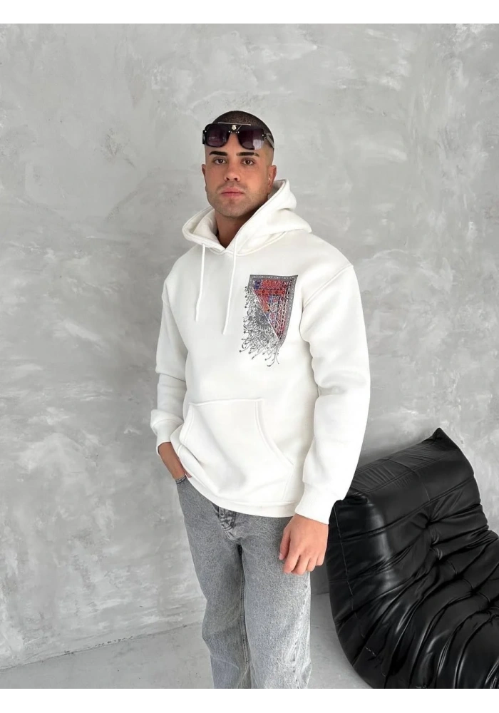 Erkek Kapüşonlu Kanguru Cepli Sweatshirt 3 İplik Pamuklu Baskılı Hoodie - Beyaz