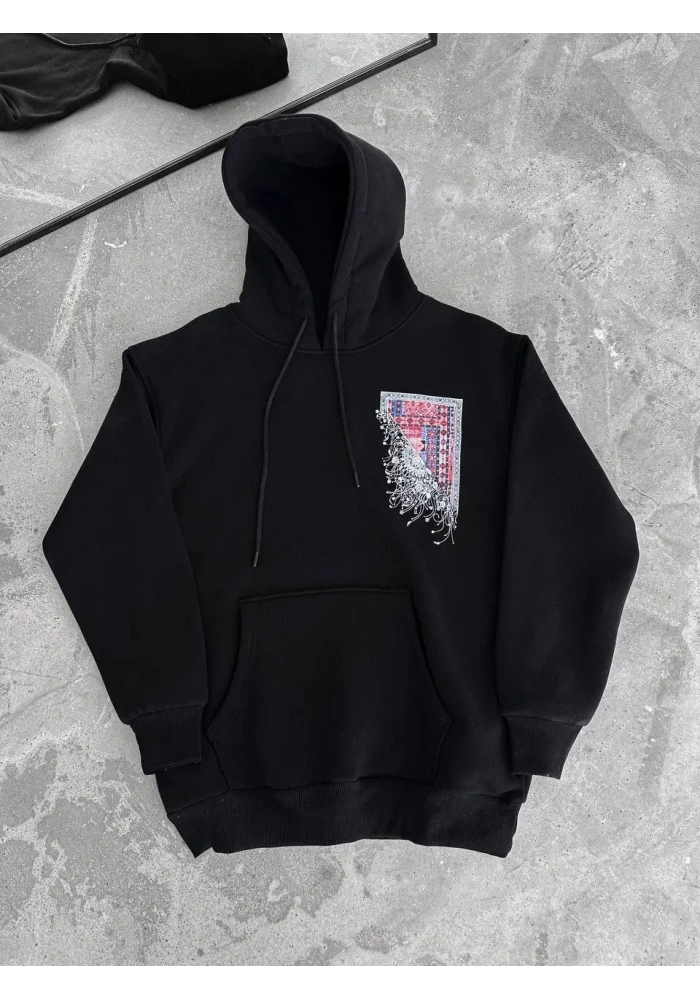 Erkek Kapüşonlu Kanguru Cepli Sweatshirt 3 İplik Pamuklu Baskılı Hoodie - Siyah