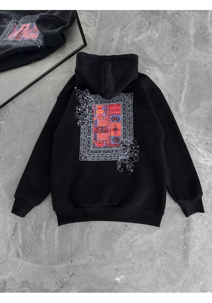 Erkek Kapüşonlu Kanguru Cepli Sweatshirt 3 İplik Pamuklu Baskılı Hoodie - Siyah