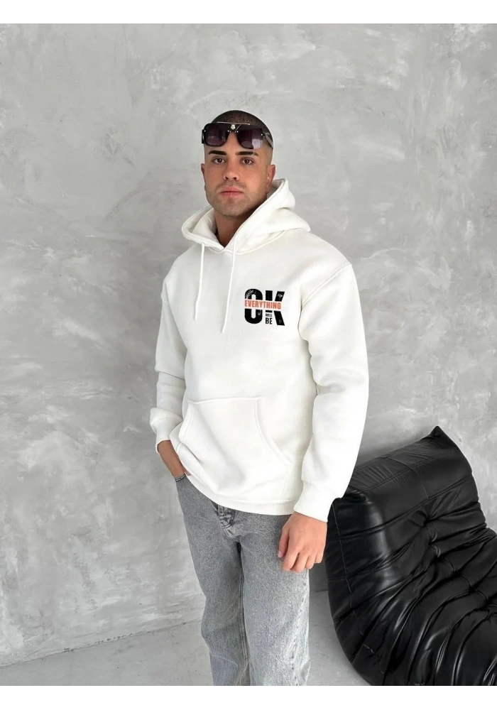 Erkek Kapüşonlu Kanguru Cepli Sweatshirt 3 İplik Pamuklu Baskılı Hoodie - Beyaz