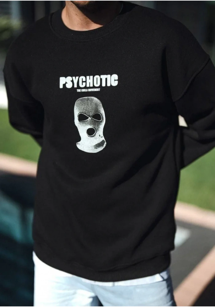 Erkek 3 iplik pamuklu Kışlık Bisiklet Yaka Baskılı SweatShirt - Siyah